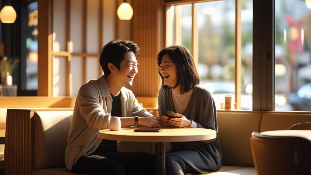 LINEでの駆け引きを経て、幸せそうに話すカップル