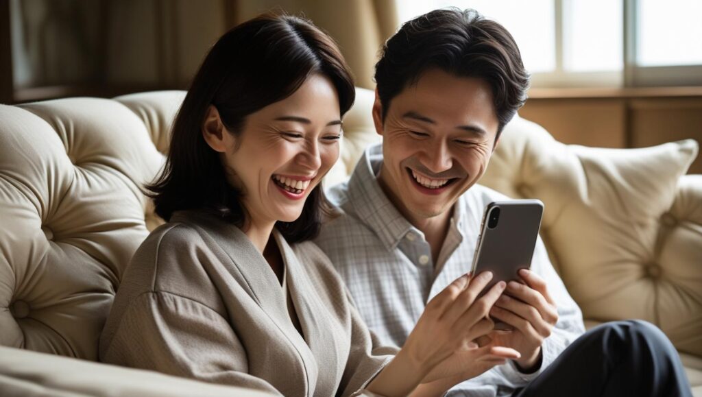 LINEの会話を一緒に見て楽しむ仲の良いカップル