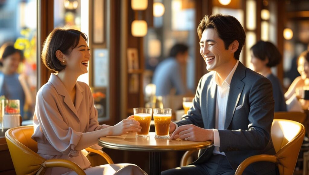 LINEでのやり取りを経て、初デートを楽しむ30代の男女