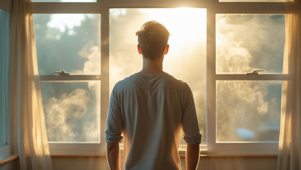 晴れやかな表情で、朝の光が差し込む窓の外を眺めている男性