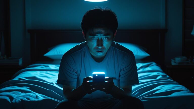 暗闇でスマホを見る男性
