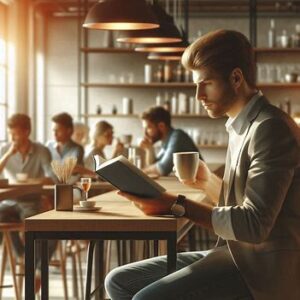 カフェで自分時間を楽しみ、自然な出会いを待つ男性
