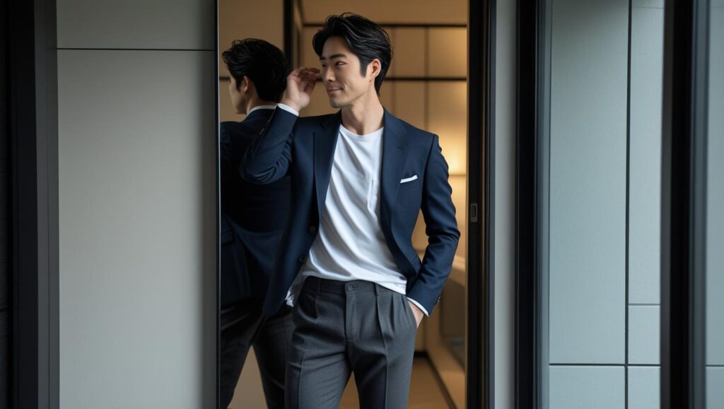 初デートの服装に自信を持ち、出かける準備ができた男性