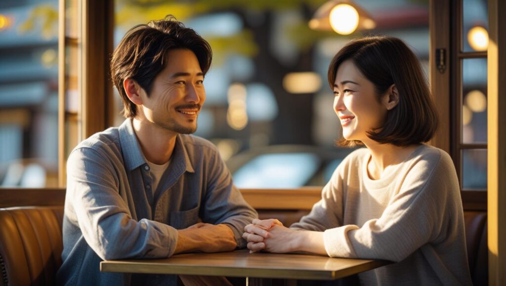 復縁した元カノとカフェで再会し、穏やかに話す男性