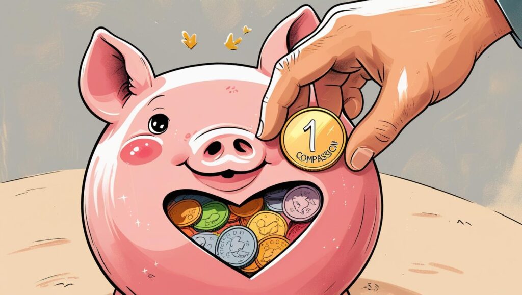 「信頼の貯金箱」に思いやりという名のコインを入れるイメージイラスト