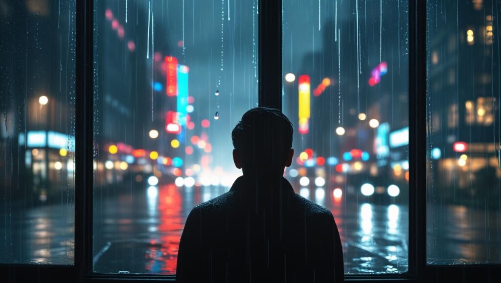 夜の街にたたずむ男性
