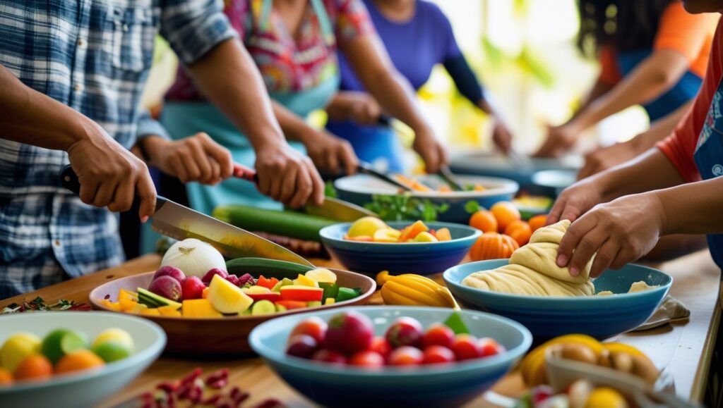 男女が楽しそうに共同作業する料理教室の風景