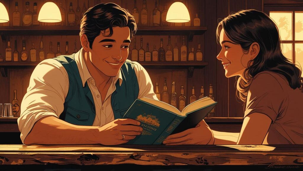 行きつけのバーで生まれる穏やかで自然な出会いのイラスト