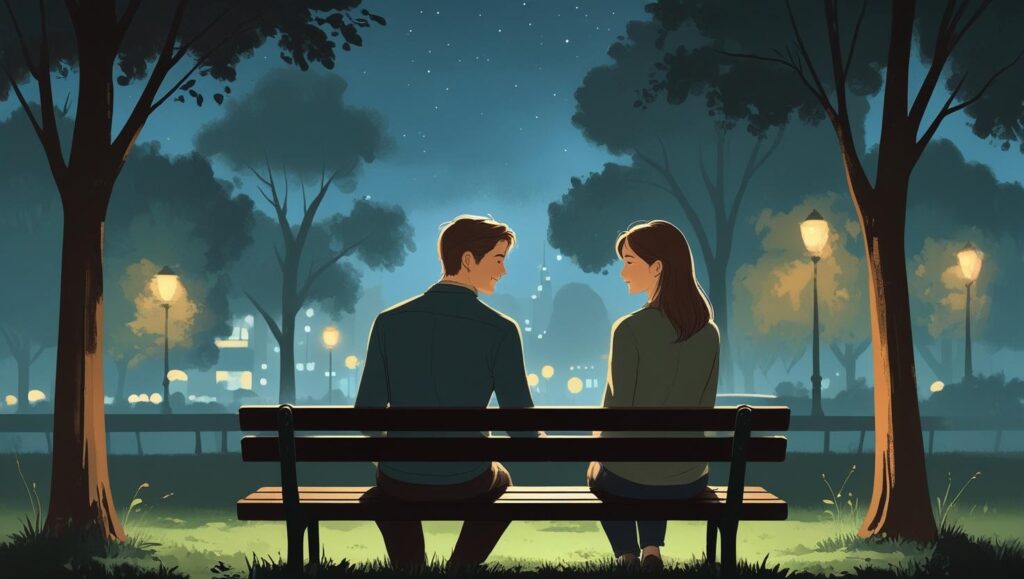 30代のカップルが夜景の見える公園で誠実に告白するイラスト