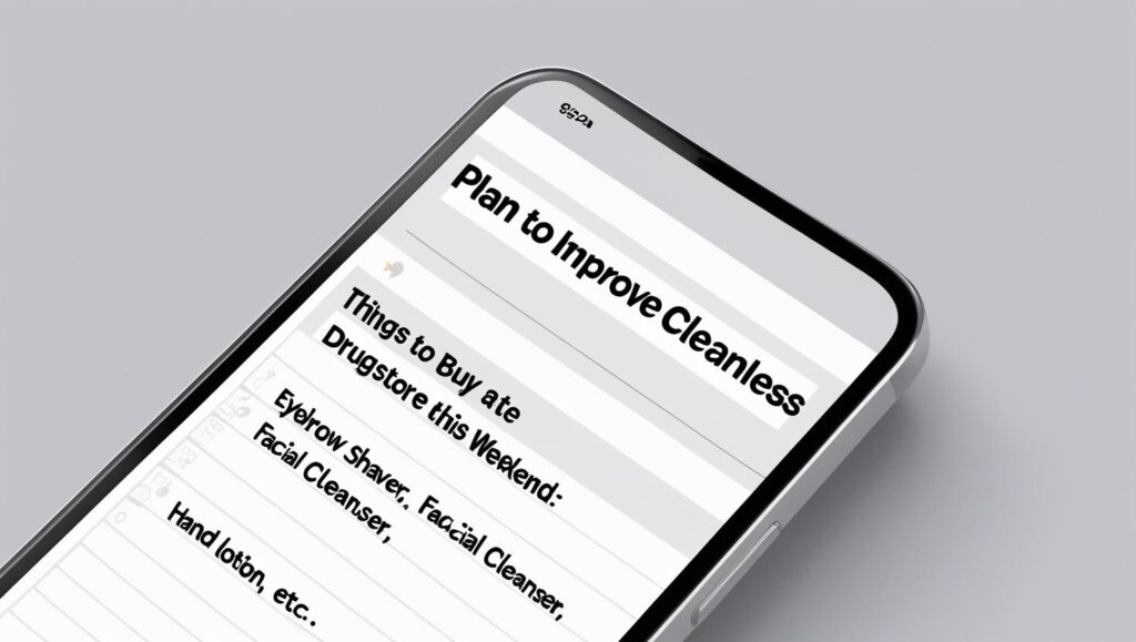 スマホのメモ帳に、清潔感を上げるための買い物リストを作成するイメージ画像