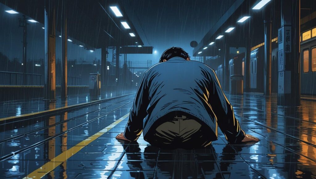 初デートに失敗し、雨の駅のホームでうなだれる男性
