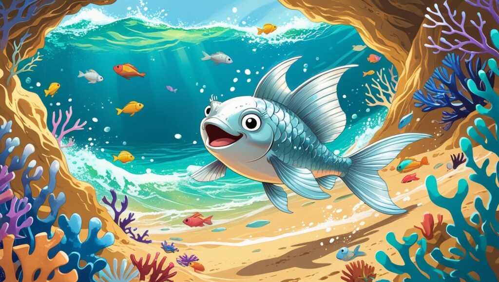 陸から海へ還り、自由に泳ぎ回る魚