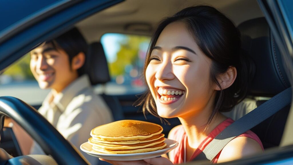 サプライズの旅行で、幸せそうにパンケーキを食べる彼女の笑顔