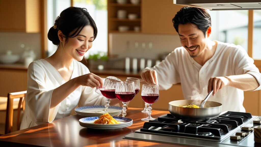 彼女と二人で、楽しみながらおうちデートの準備をするカップル