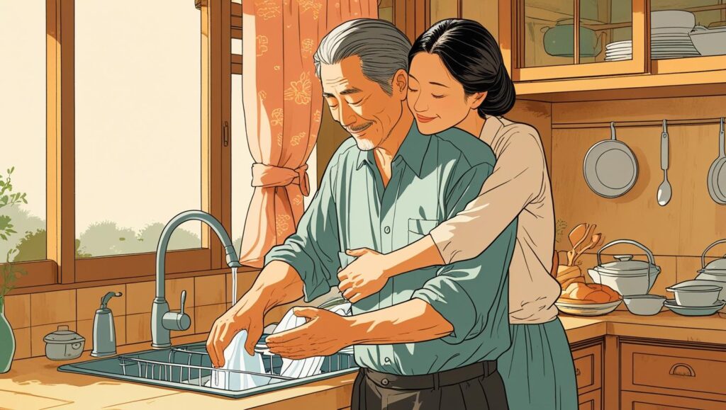 食後の洗い物をする彼氏を、後ろから優しく抱きしめる彼女