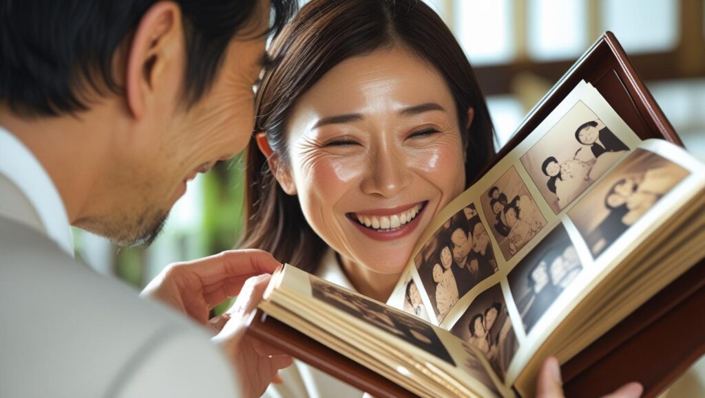 手作りアルバムのプレゼントに、感動して涙を流す彼女