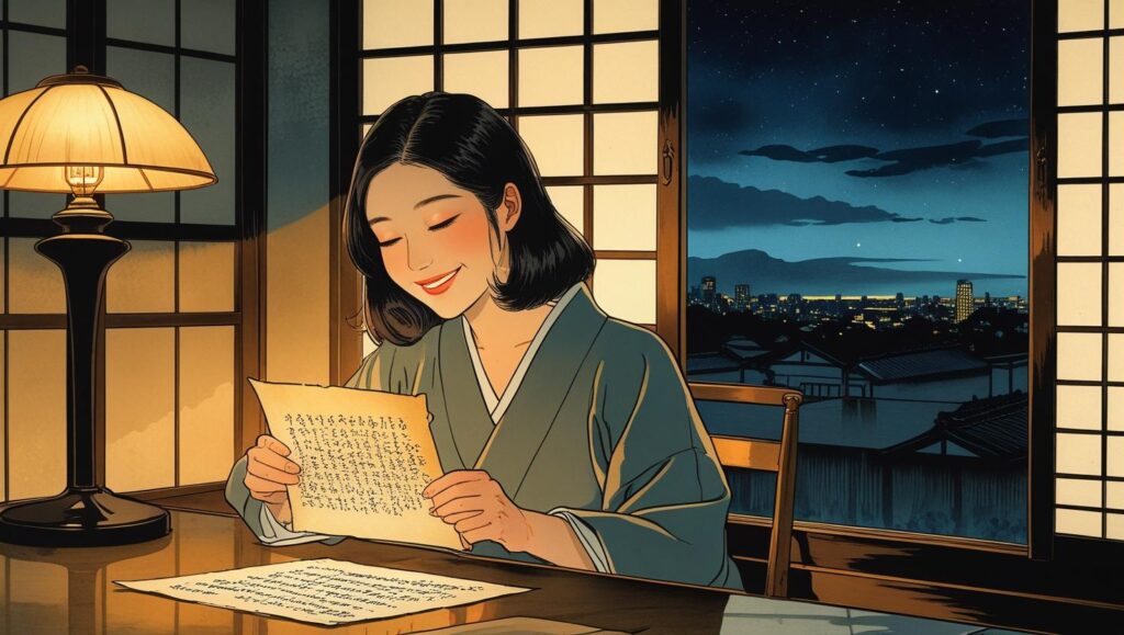 彼氏からの誕生日サプライズの手紙を、嬉しそうに読む女性のイラスト