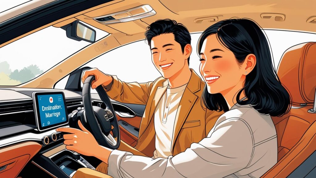 同じ未来を見つめ、協力し合うカップルのイラスト