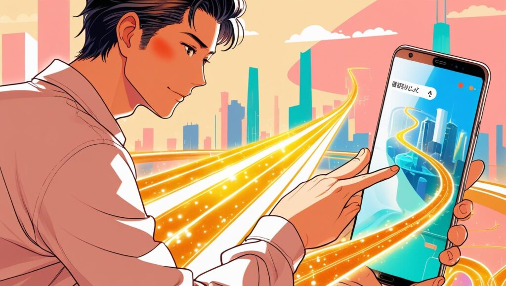 新しい出会いを求め、スマホで最初の一歩を踏み出す男性のイラスト