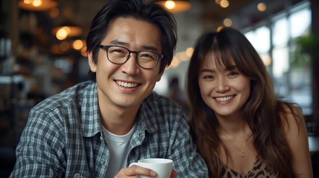 女性と笑顔でカフェで話す30代男性