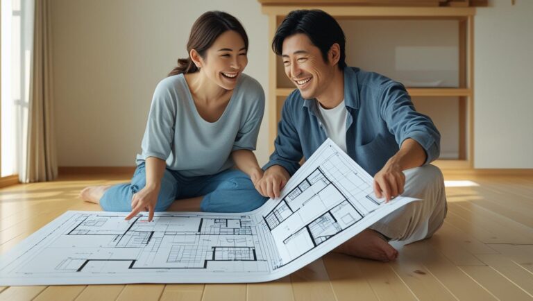 同棲を前に、楽しそうに未来の設計図を眺める30代カップル